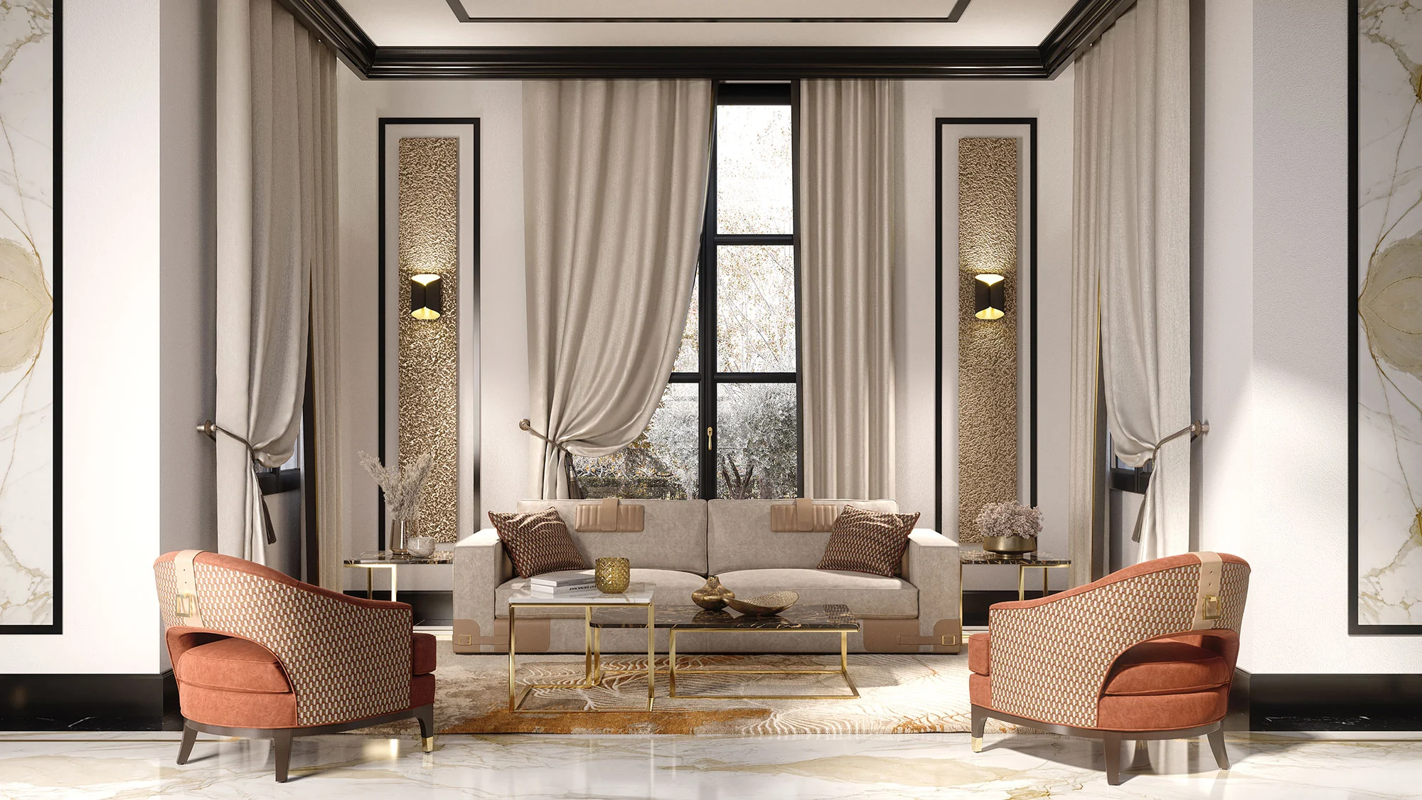 Elegant living room featuring Arvena, Caliren and Cavria, combining luxurious materials with refined contemporary Italian design.