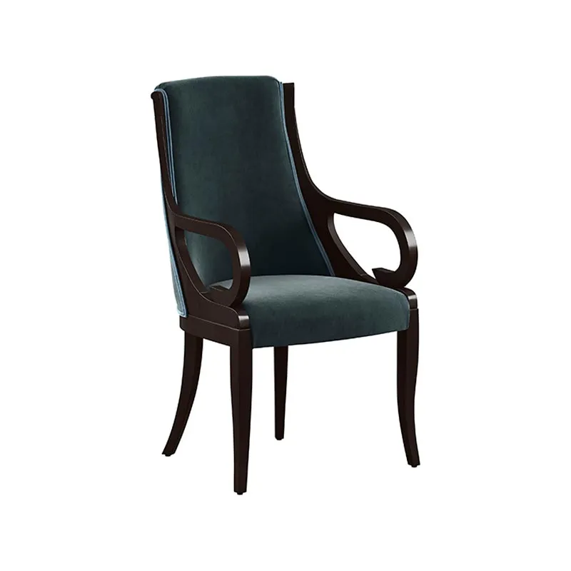 Letizia contemporary dining armchair in dark green velvet with contrast double welt and dark Espresso wood frame.