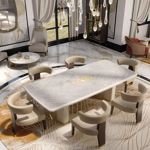 Luxury dining set, oblong table in ashwood surrounded by six leather chairs