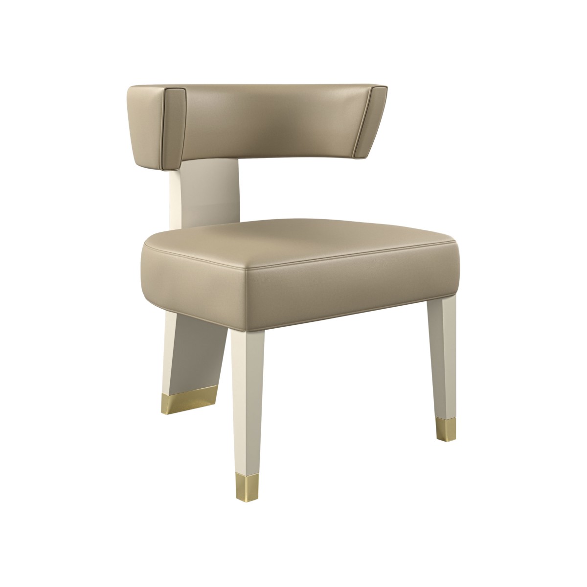 Exclusive dining chair in cream Italian leather with RAL lacquered frame and distinctive gold metal rear leg detail.