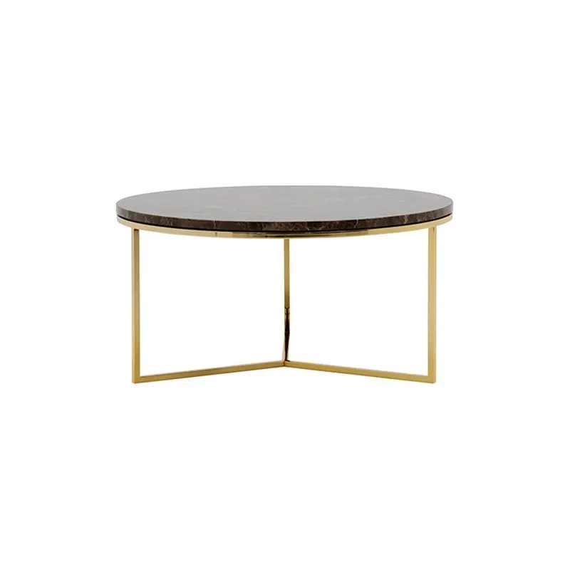 Round Trio coffee table with gold plated metal base and dark emperador marble top
