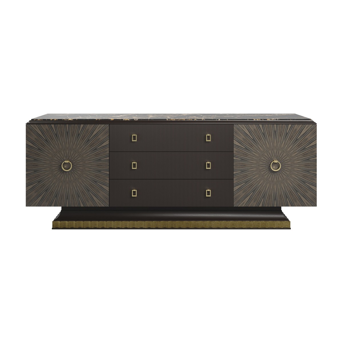 Elegant contemporary sideboard with Portoro Gold marble top, Ebony Macassar doors and gold-plated handles.