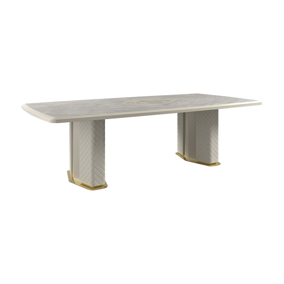 Luxury oblong dining table with quilted Italian leather pedestals, gold accents, ash veneer top and honey onyx insert.