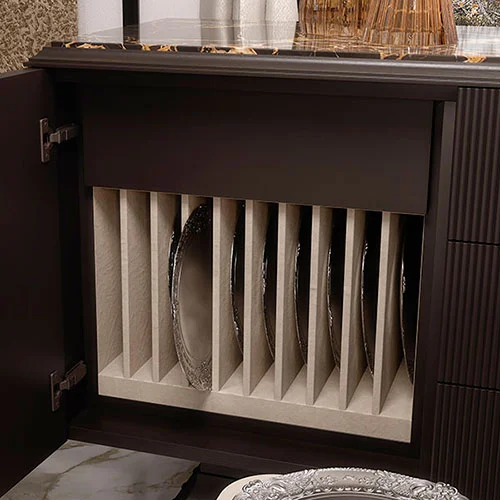 Orvia sideboard with lined plate rack behind the left door and refined Portoro marble top detail.