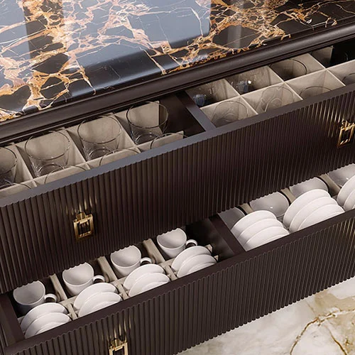 Orvia sideboard with glass and ceramic-lined divider, highlighted by a refined Portoro marble top detail.